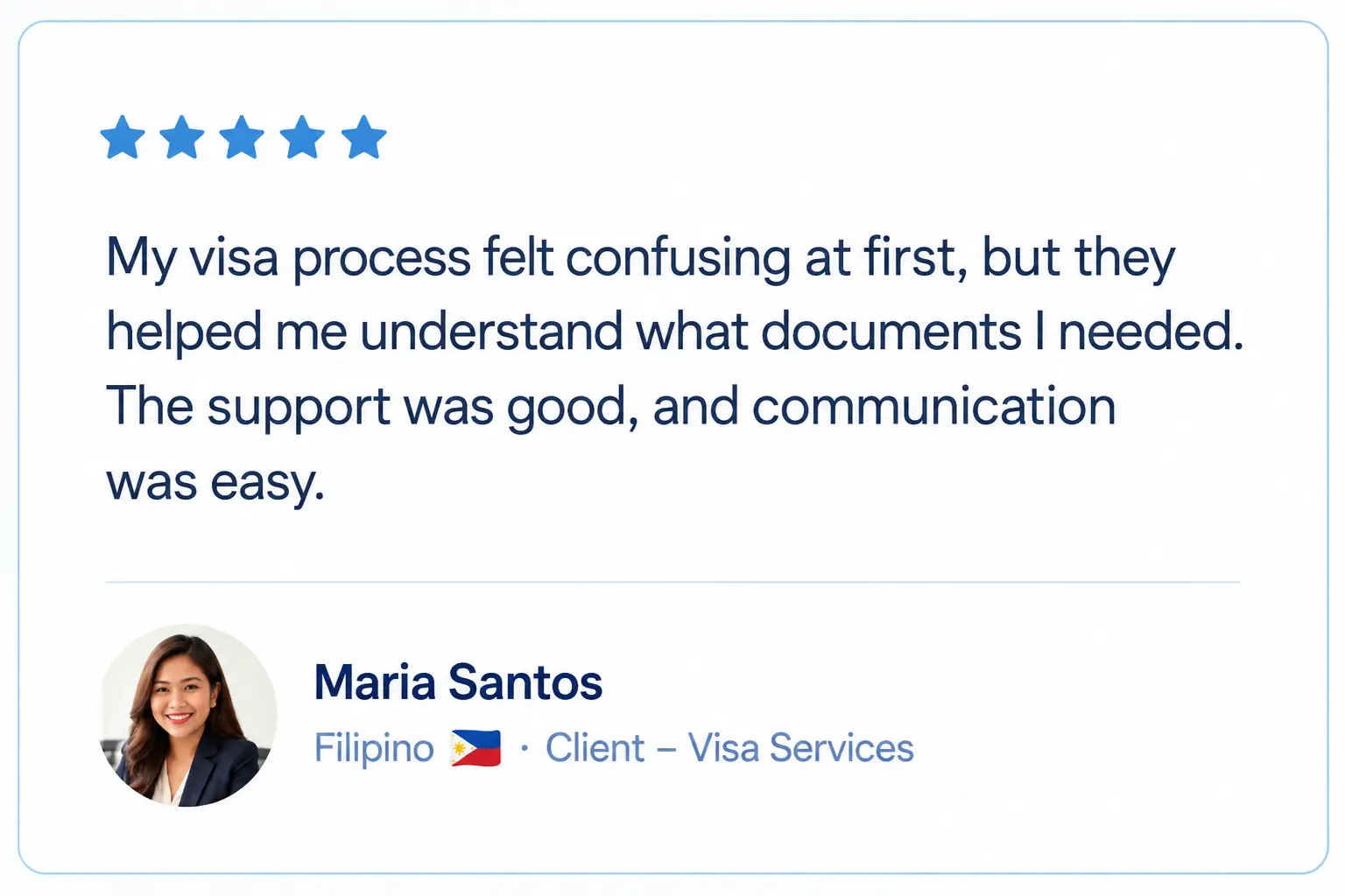 Modern Visa Services Testimonial Card